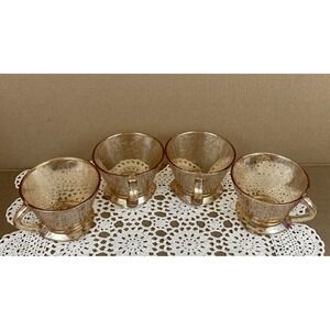 4 Louisa Iridescent Jeanette Floragold Amber Carnival Glass Cups Square 2.5"x3.5